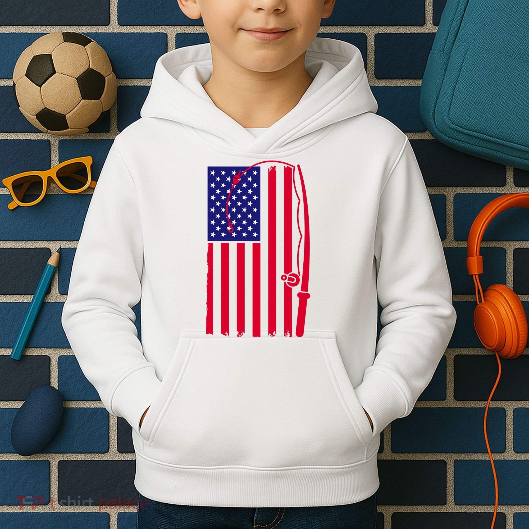 American Fishing Rod & Hook Flag Kids Hoodie