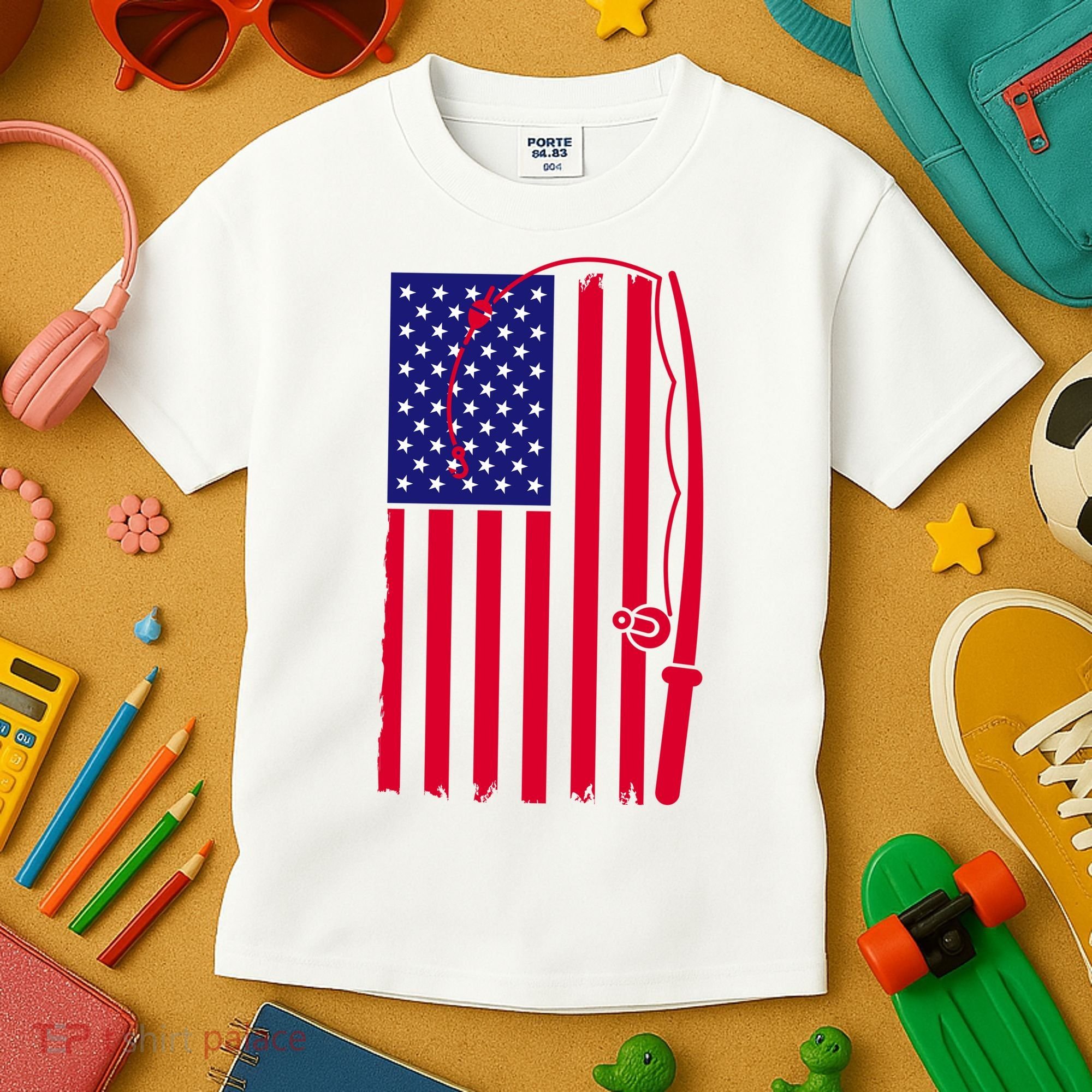 American Fishing Rod & Hook Flag Kids T-Shirt