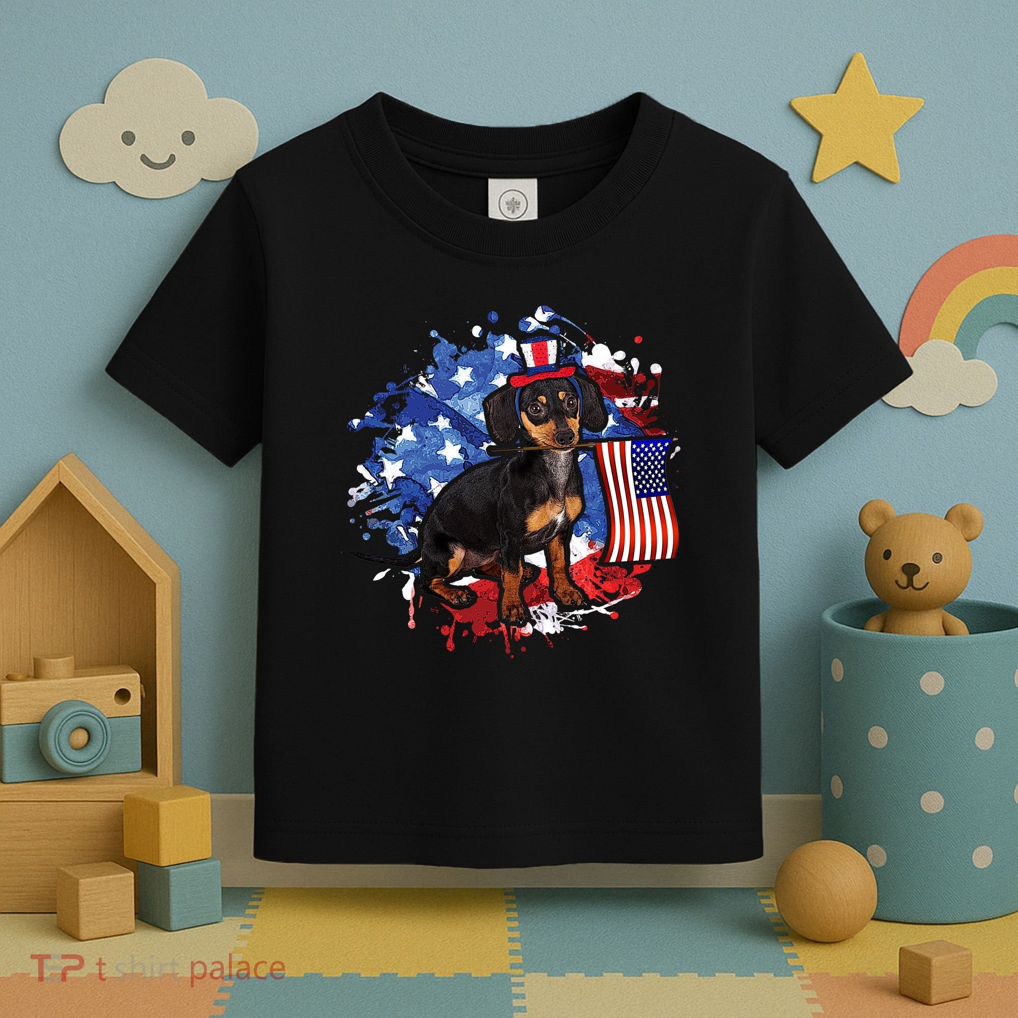American Flag Dachshund Dog Cool Toddler T-Shirt