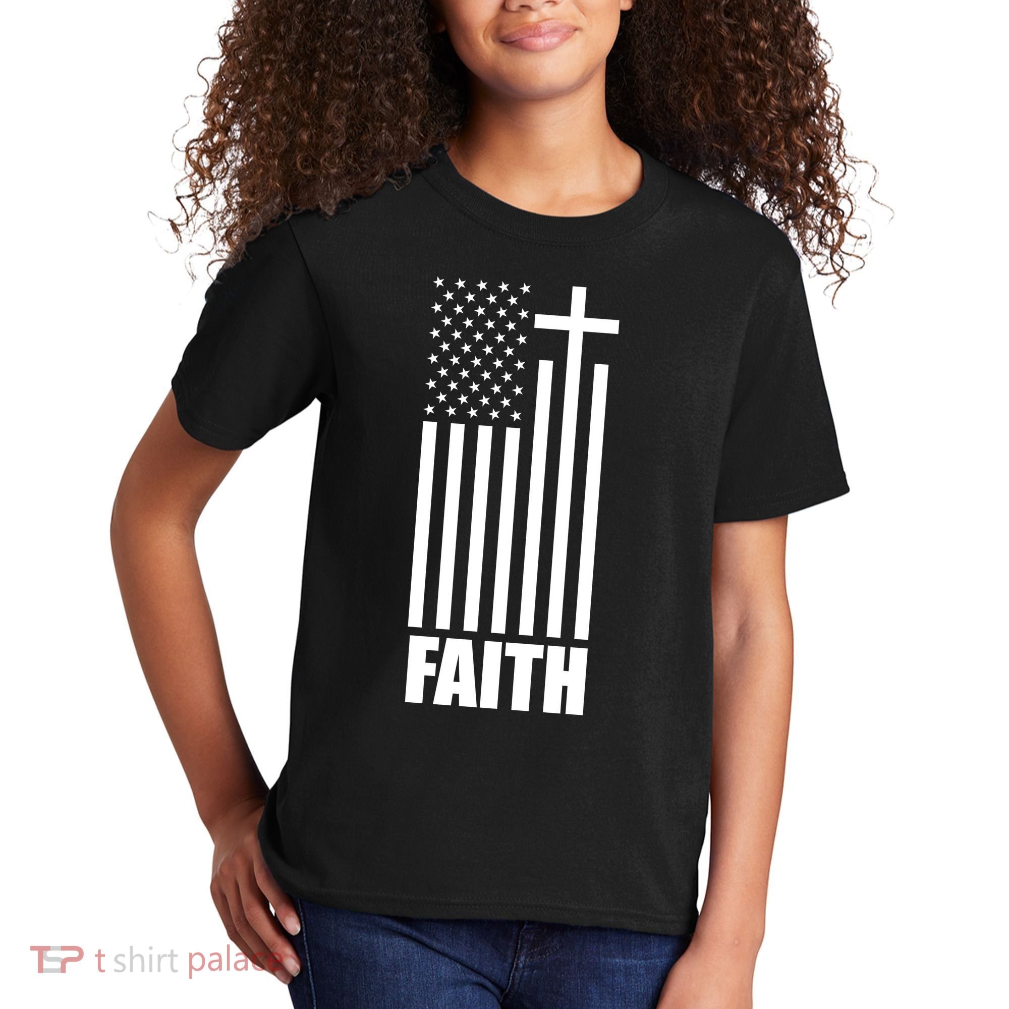 American Flag Faith Cross Kids T-Shirt