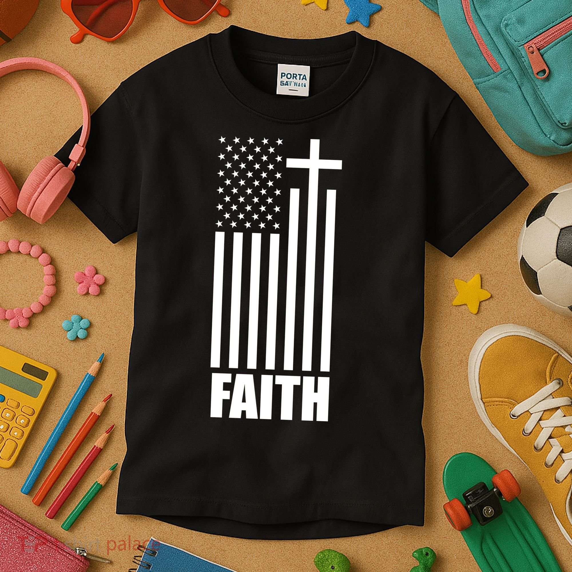 American Flag Faith Cross Kids T-Shirt