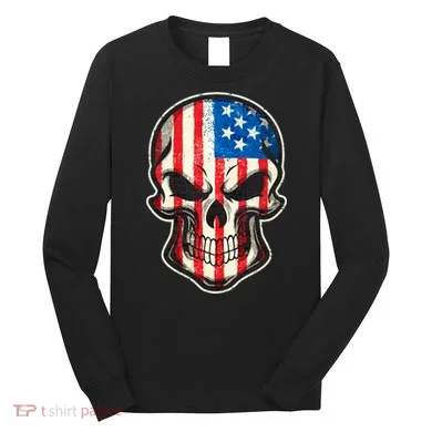American Flag Human Skull Long Sleeve Shirt