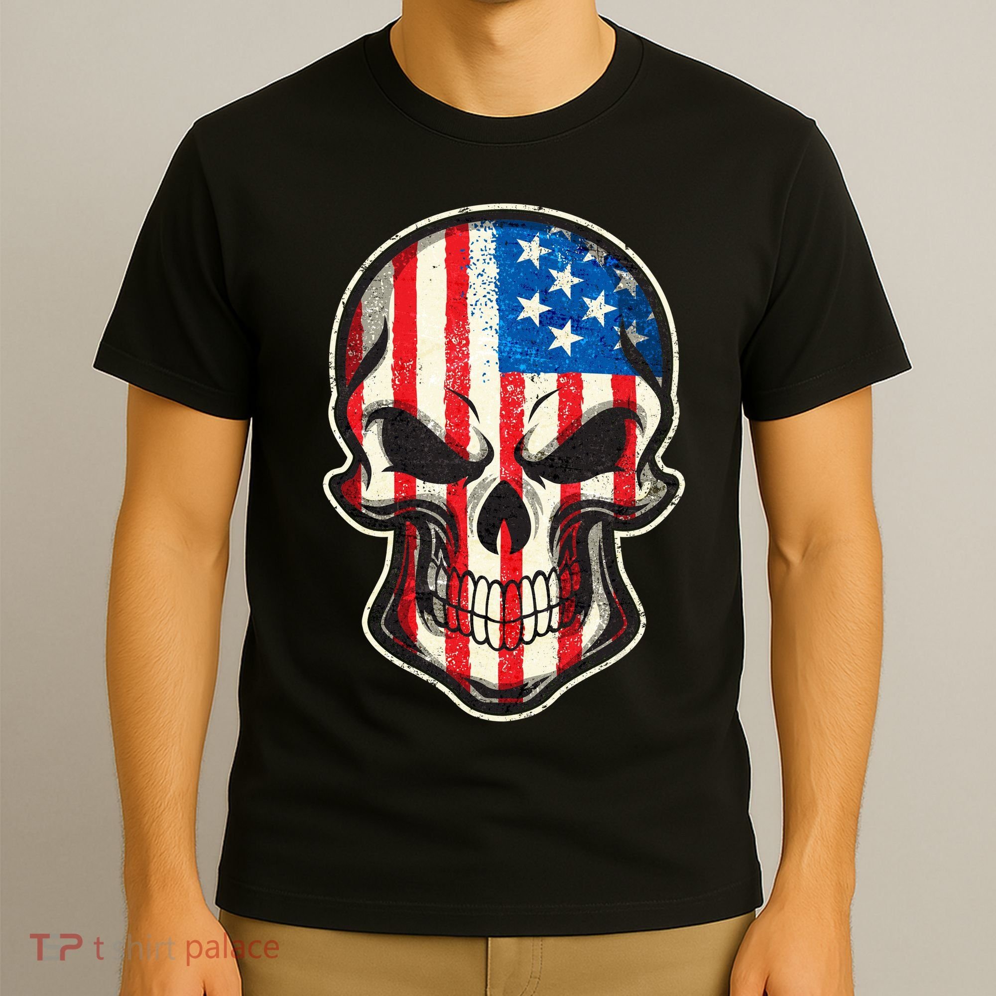 American Flag Human Skull T-Shirt
