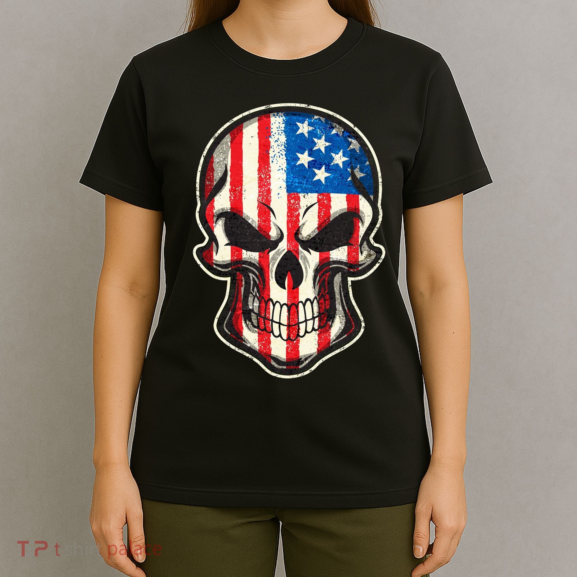 American Flag Human Skull T-Shirt