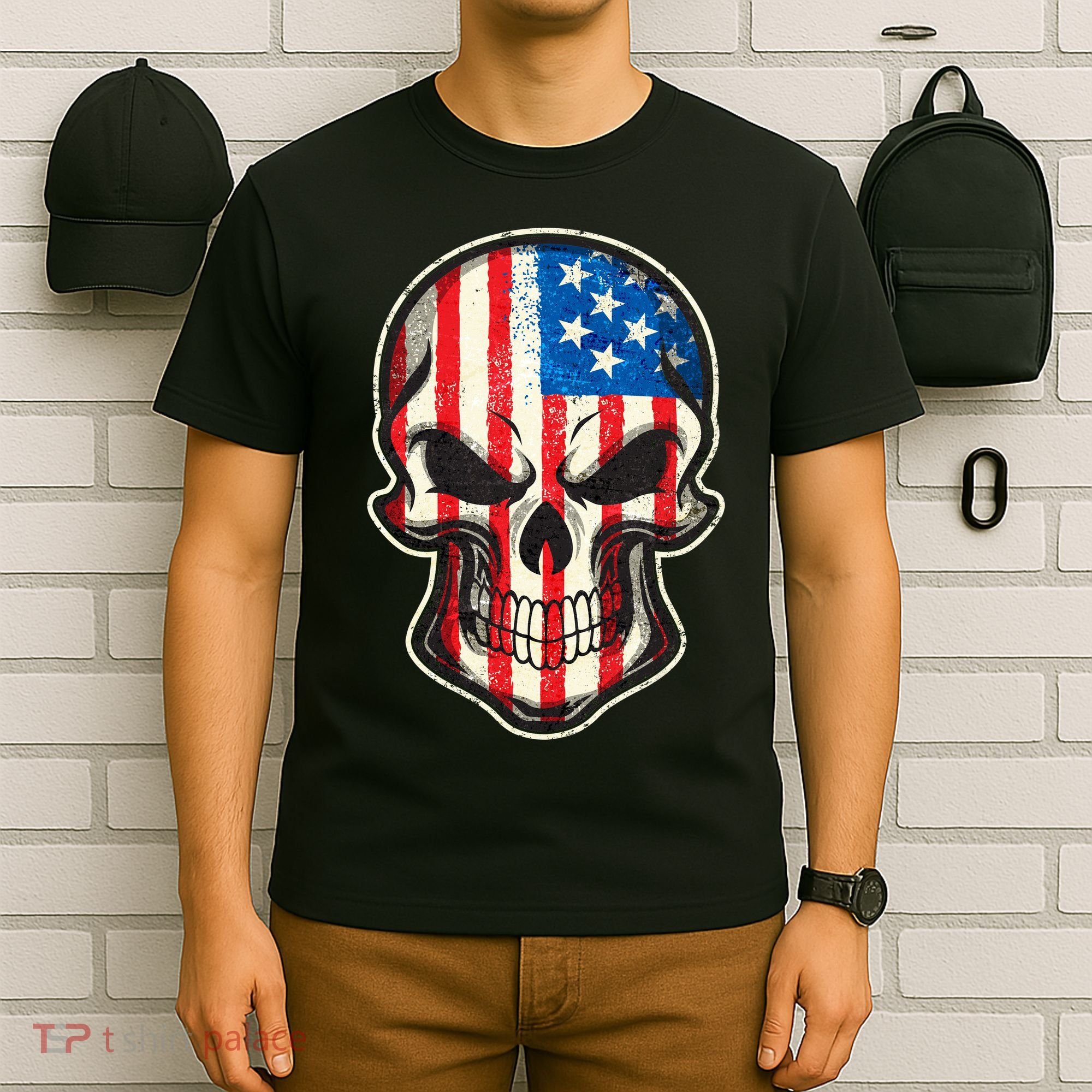 American Flag Human Skull T-Shirt