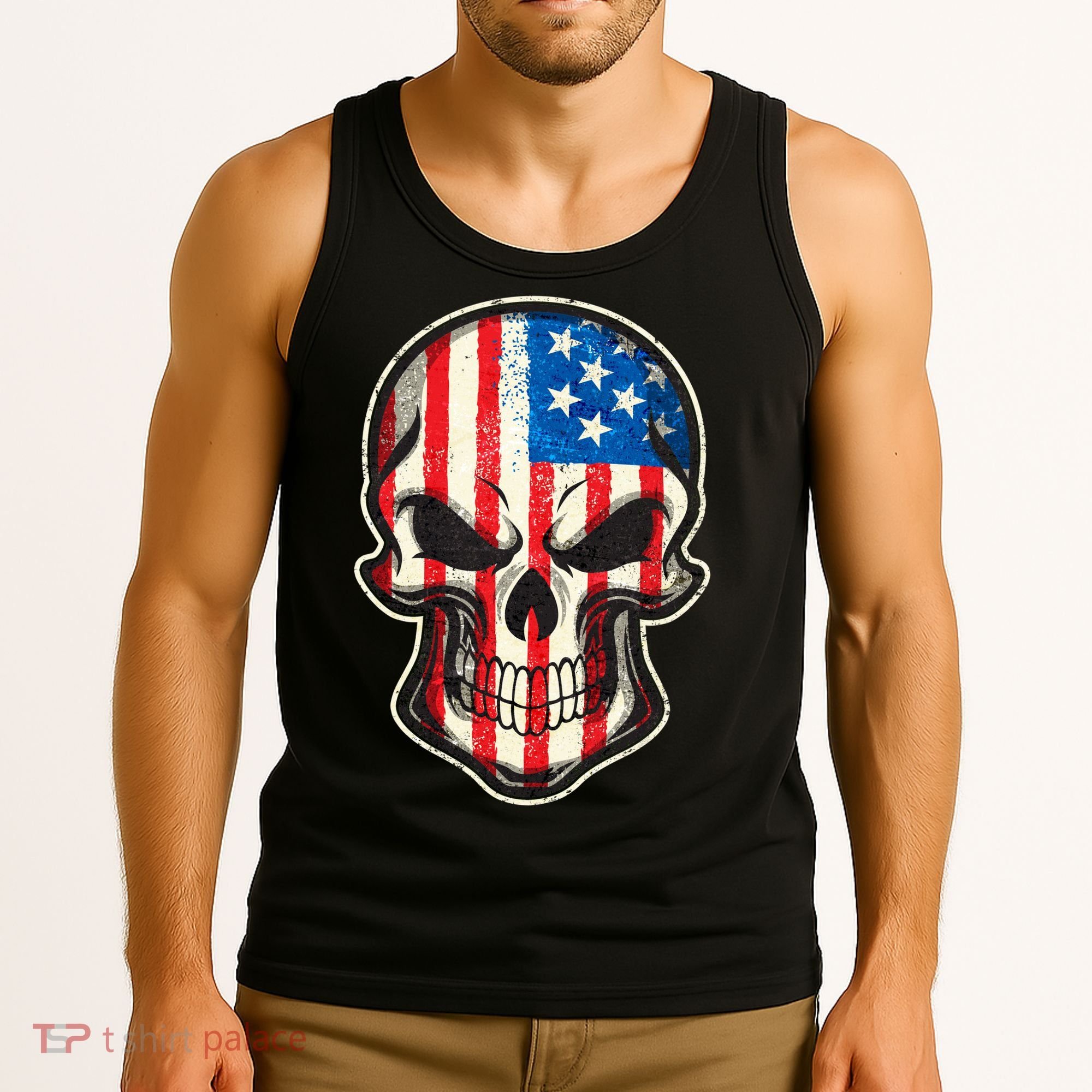 American Flag Human Skull Tank Top