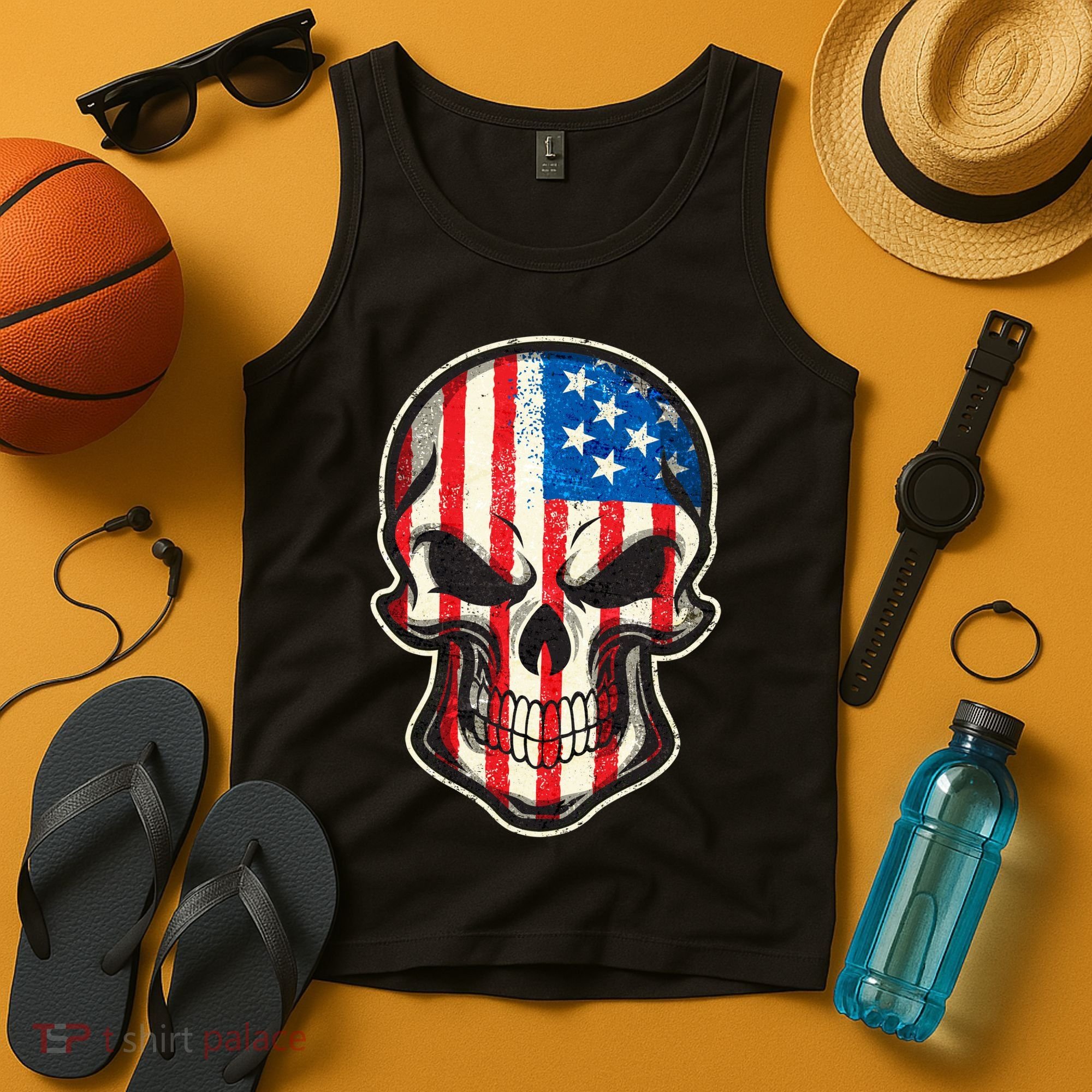 American Flag Human Skull Tank Top