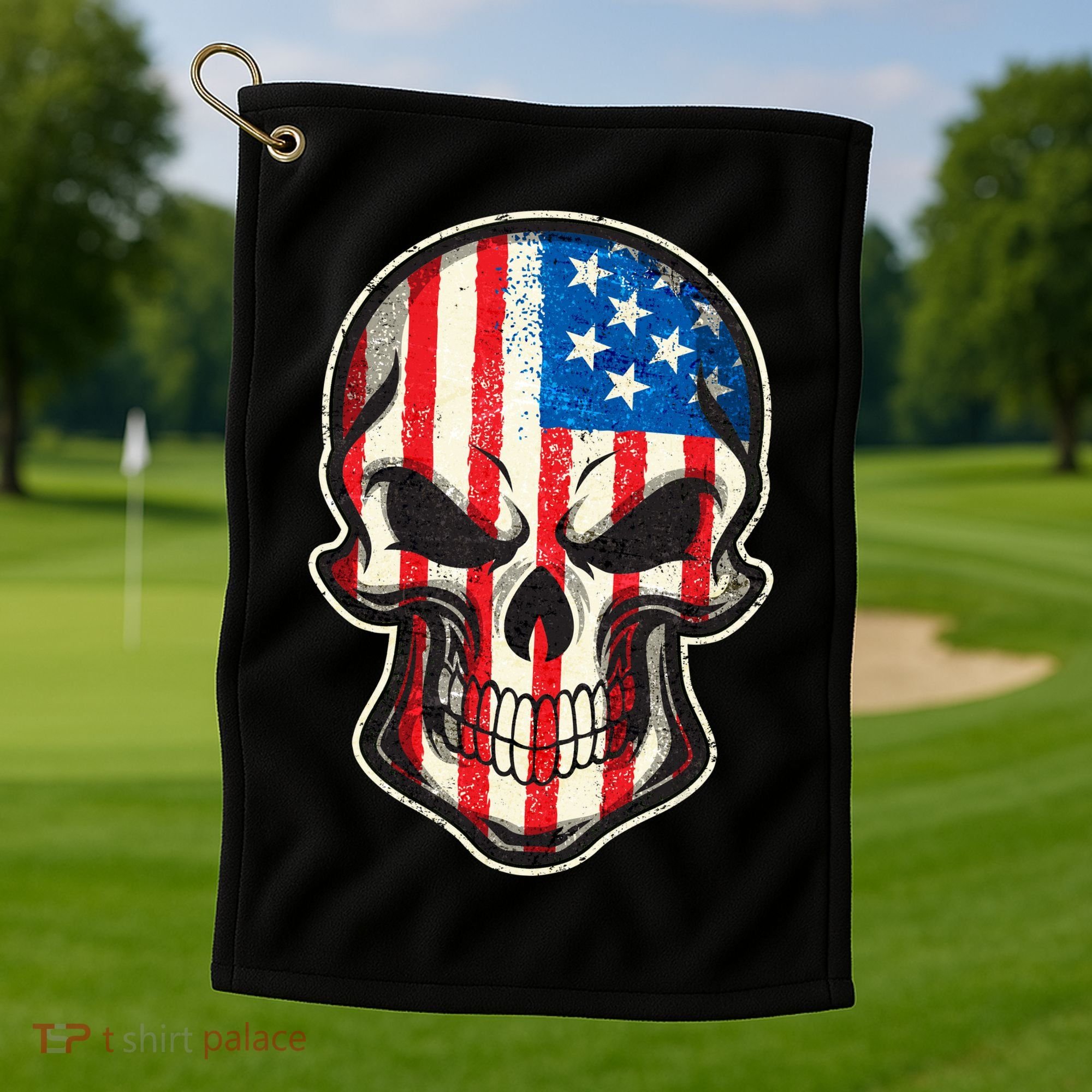 American Flag Human Skull Golf Towel