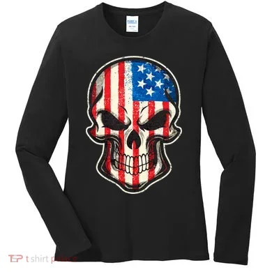 American Flag Human Skull Women's Long Sleeve Shirt