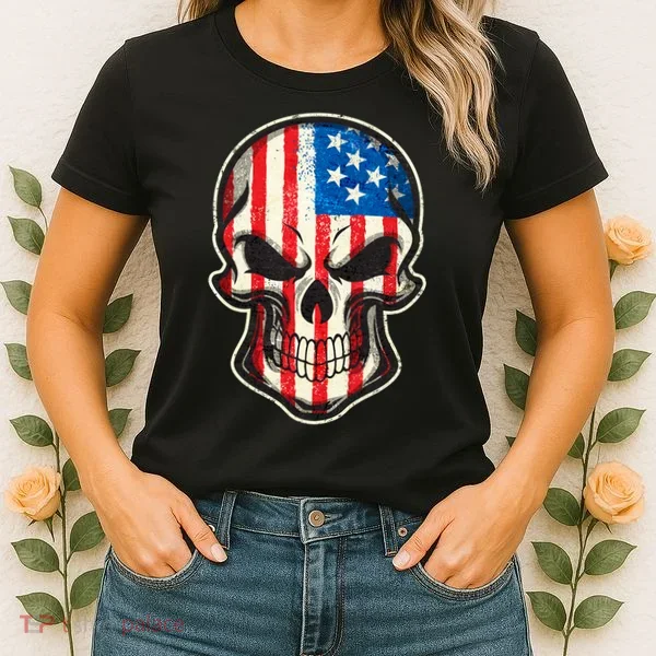 American Flag Human Skull Women's T-Shirt