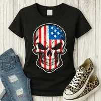 American Flag Human Skull Women's T-Shirt thumb 3