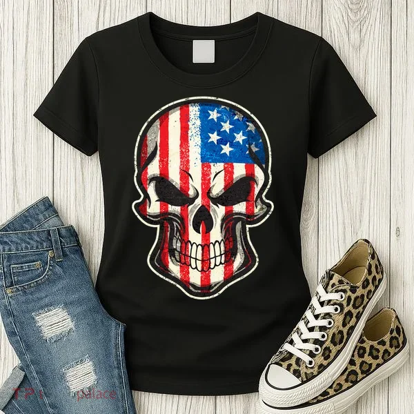 American Flag Human Skull Women's T-Shirt