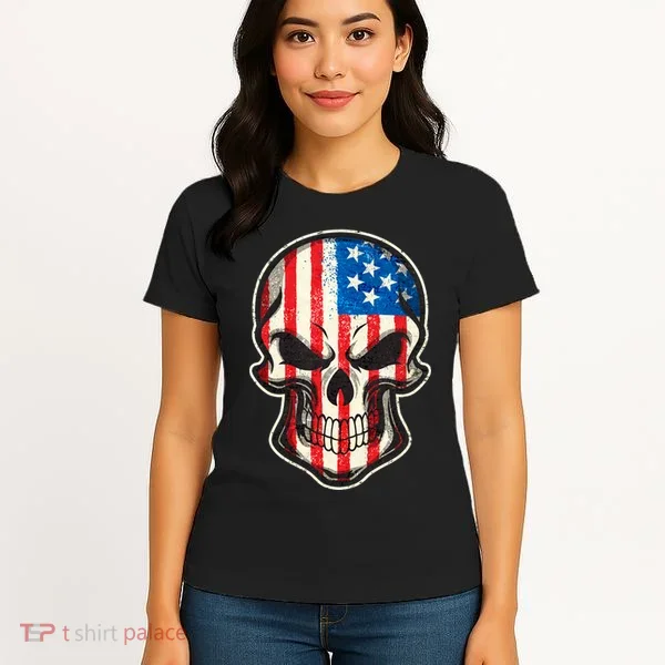 American Flag Human Skull Women's T-Shirt