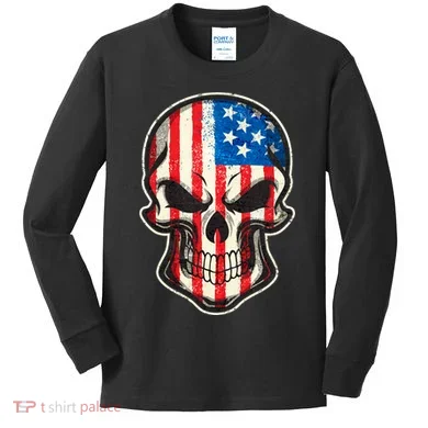 American Flag Human Skull Kids Long Sleeve Shirt