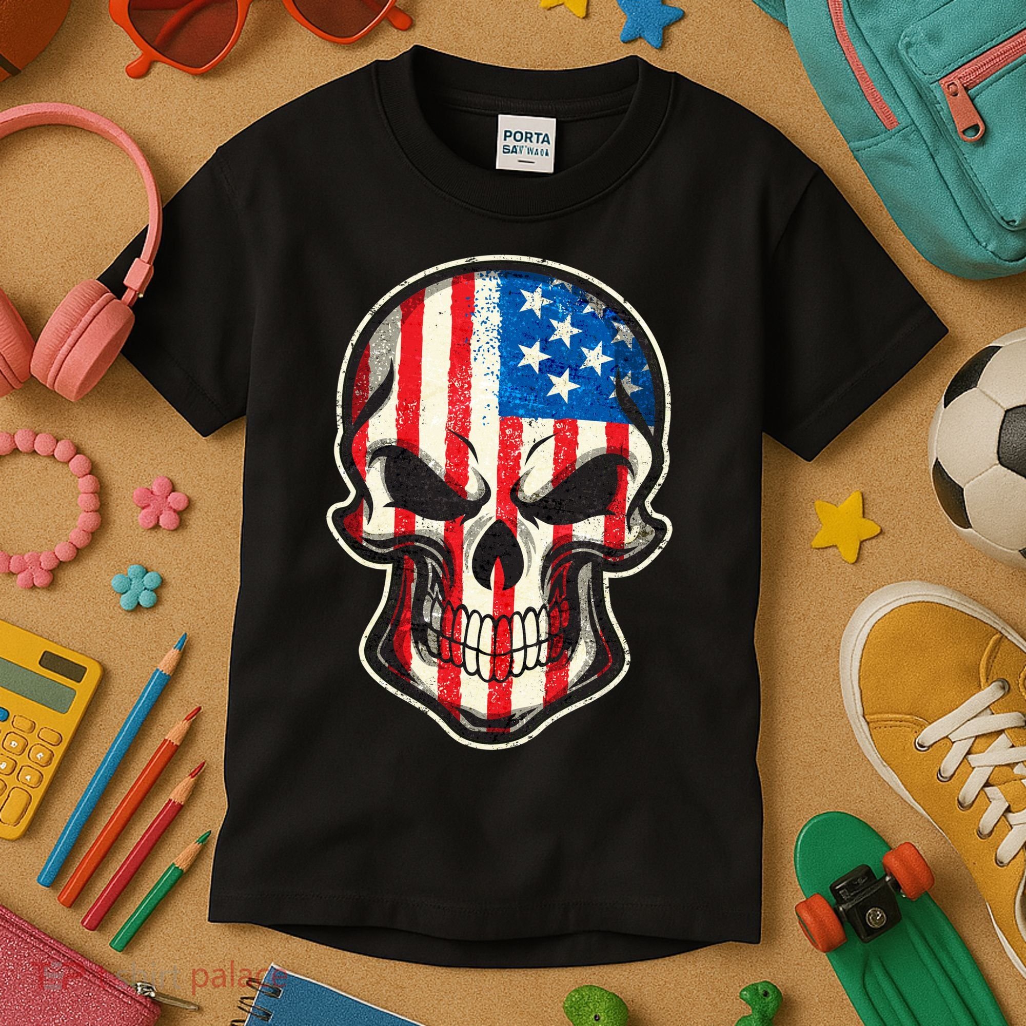 American Flag Human Skull Kids T-Shirt