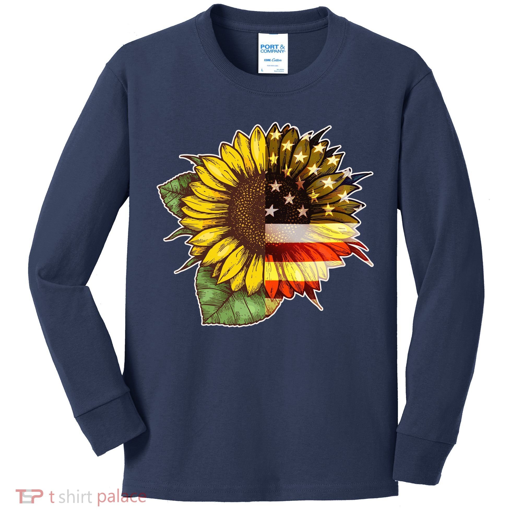 American Flag Sunflower Kids Long Sleeve Shirt