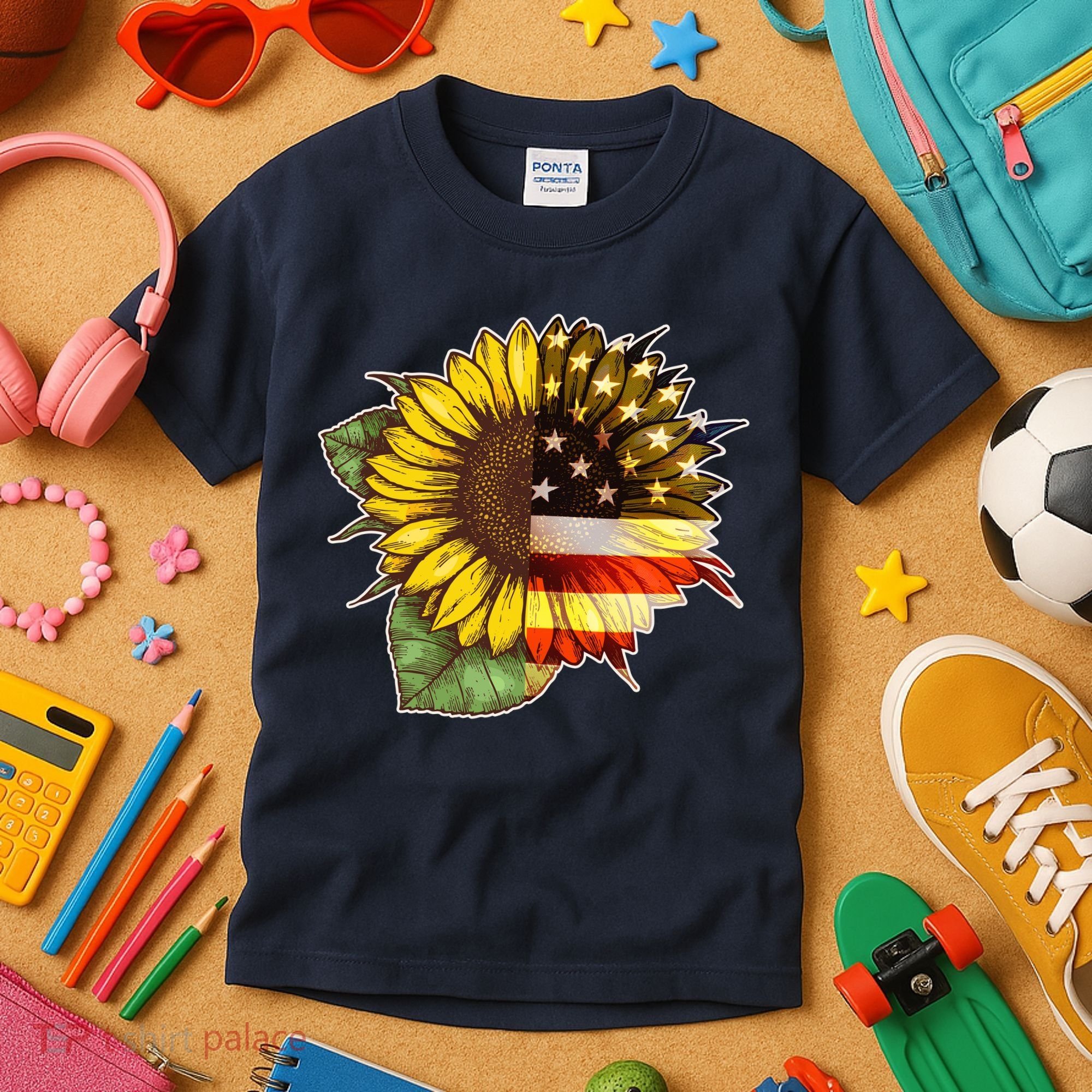 American Flag Sunflower Kids T-Shirt