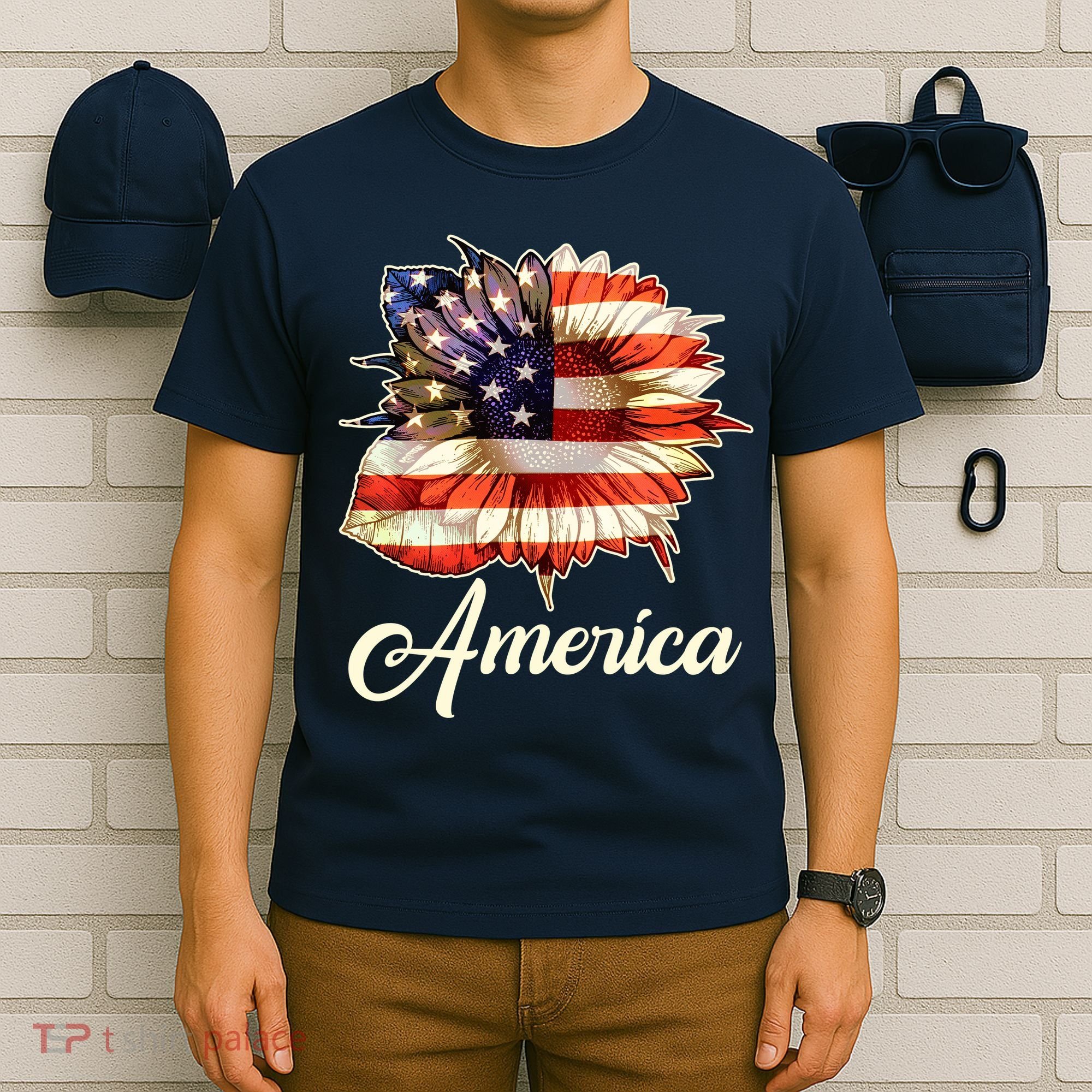 American Flag Sunflower USA T-Shirt