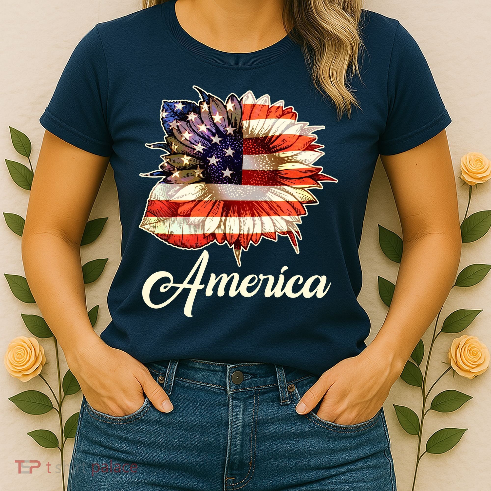 American Flag Sunflower USA Women's T-Shirt