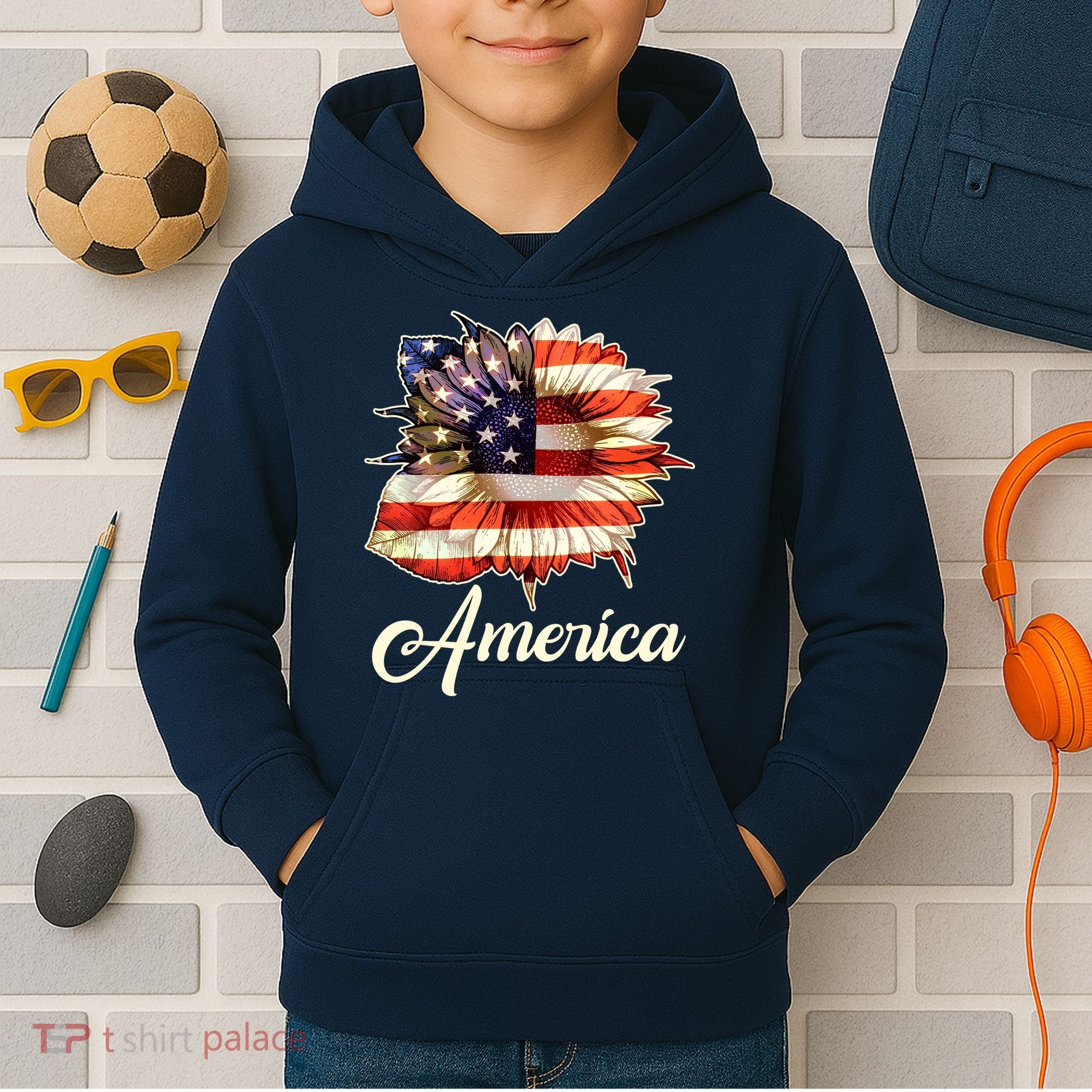 American Flag Sunflower USA Kids Hoodie