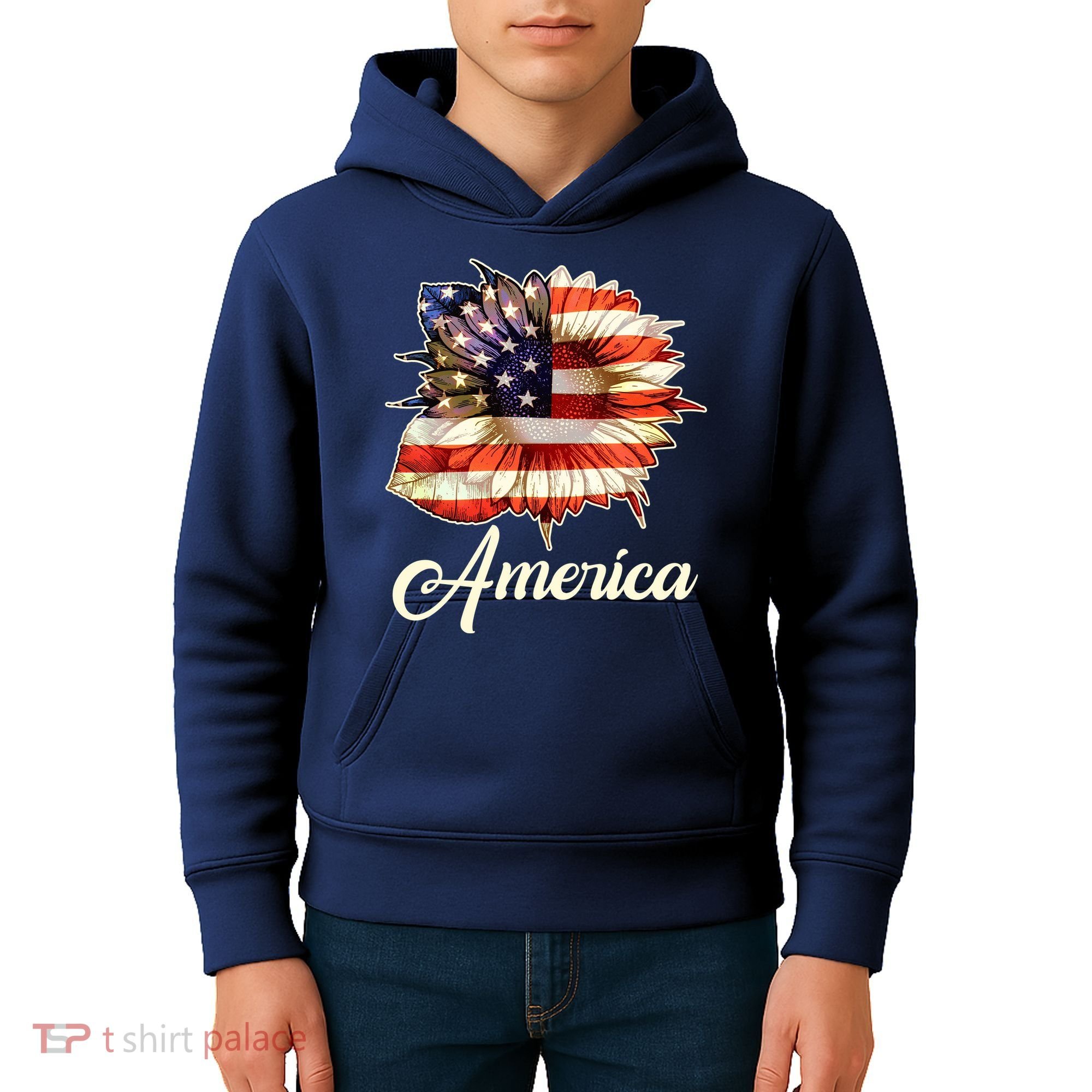 American Flag Sunflower USA Kids Hoodie