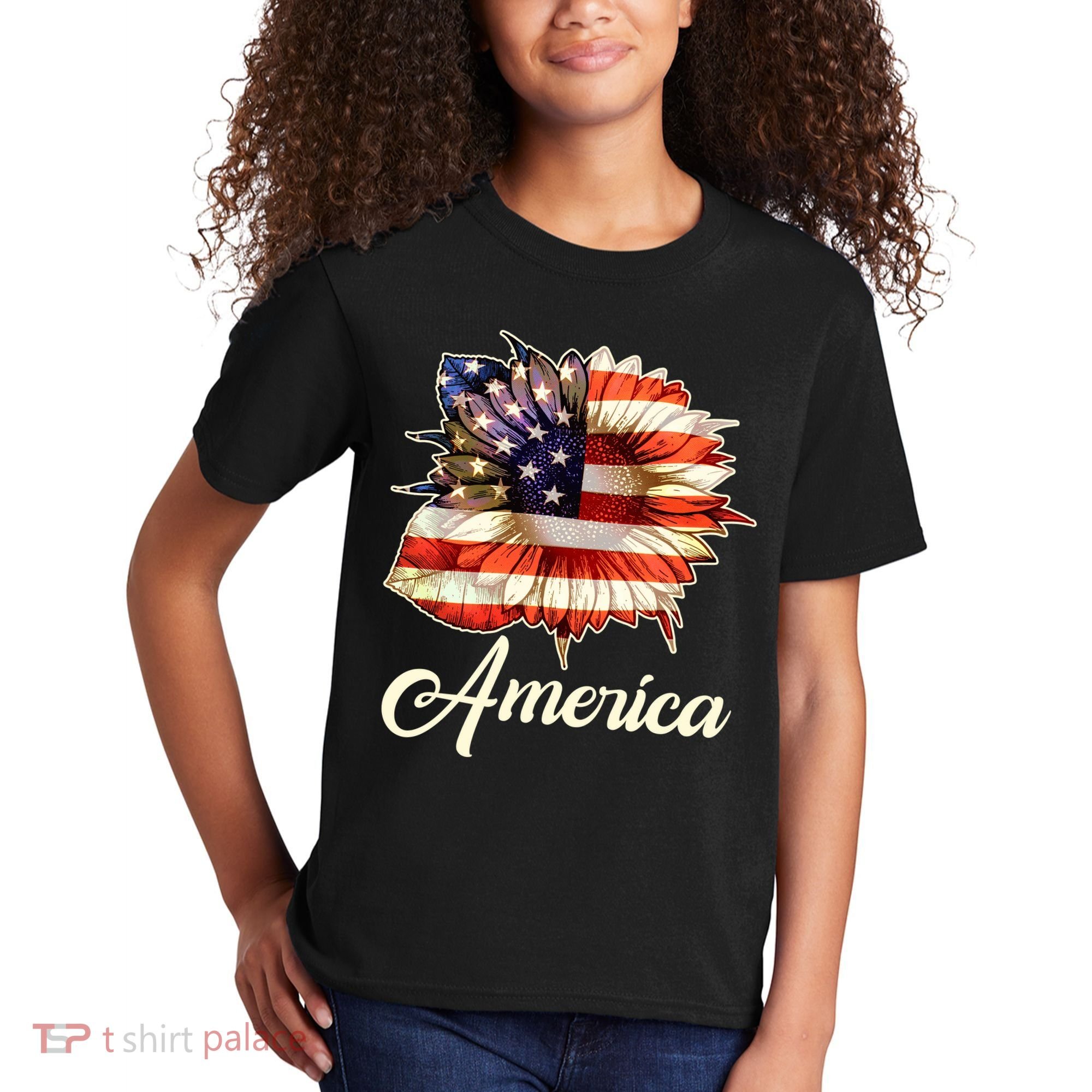 American Flag Sunflower USA Kids T-Shirt