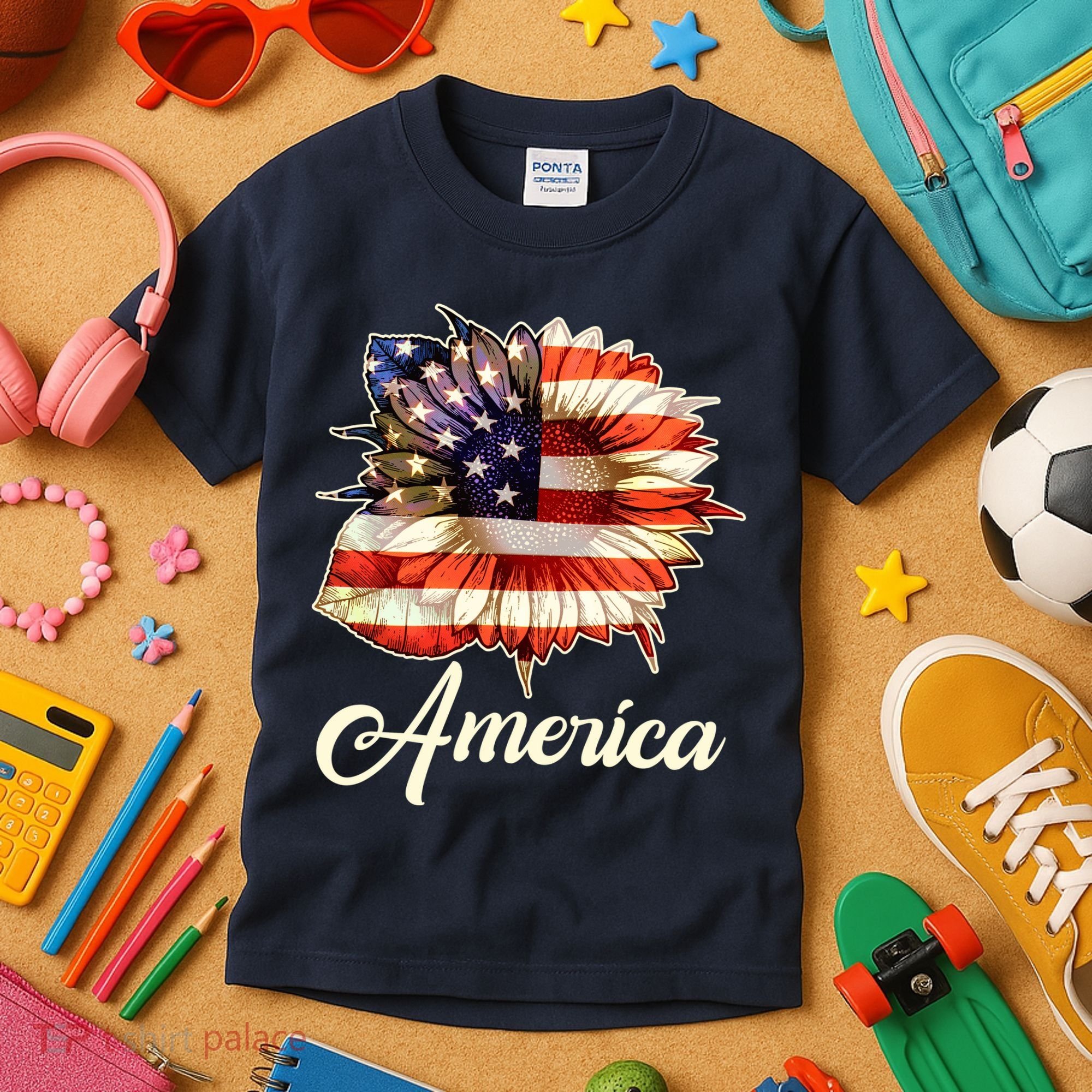 American Flag Sunflower USA Kids T-Shirt