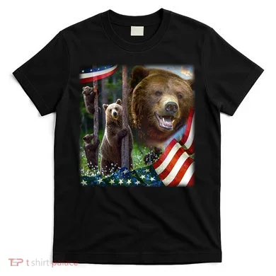 American Grizzly American Flag Bear Family T-Shirt