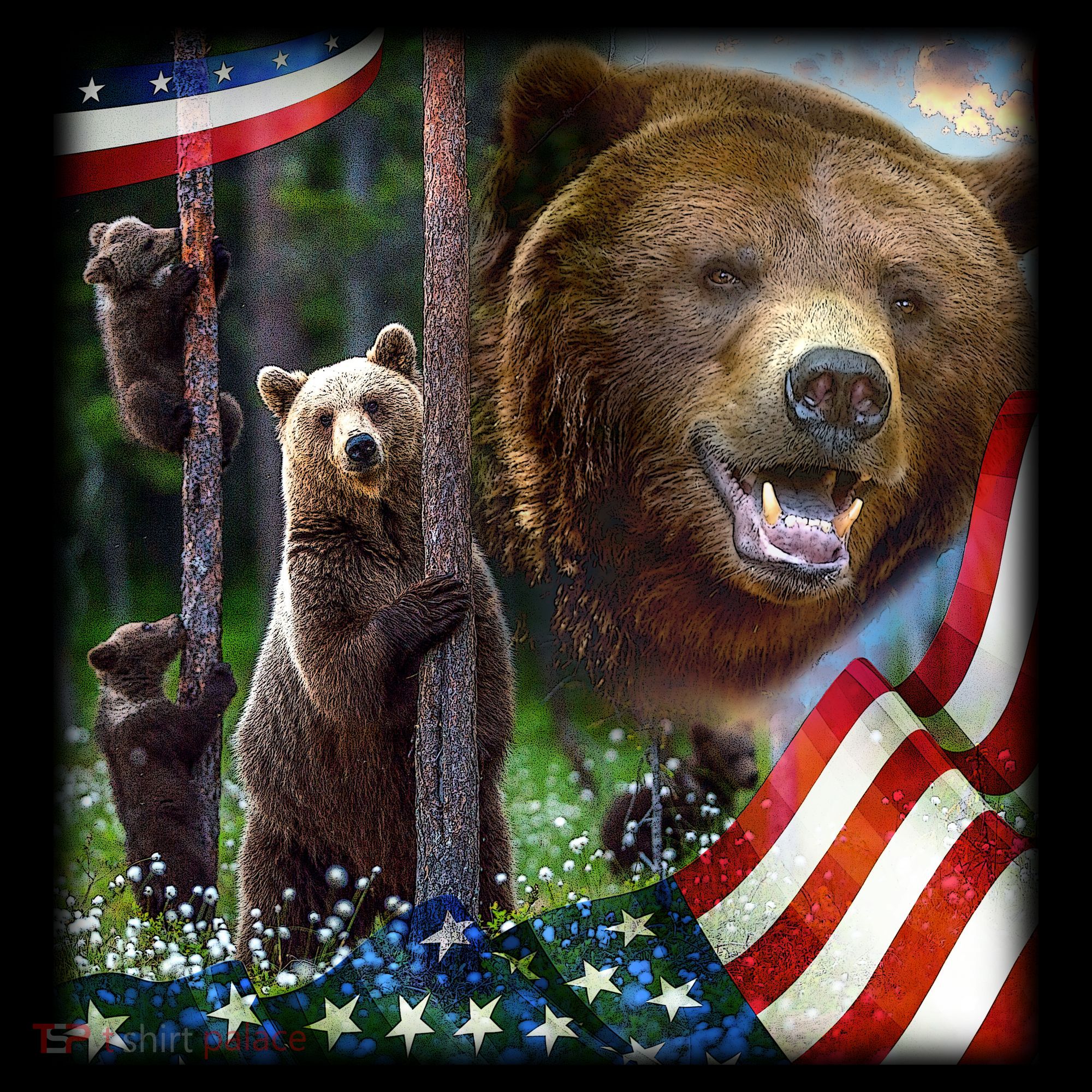 American Grizzly American Flag Bear Family T-Shirt