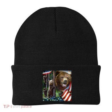 American Grizzly American Flag Bear Family Beanie