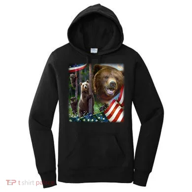 American Grizzly American Flag Bear Family Women's Hoodie