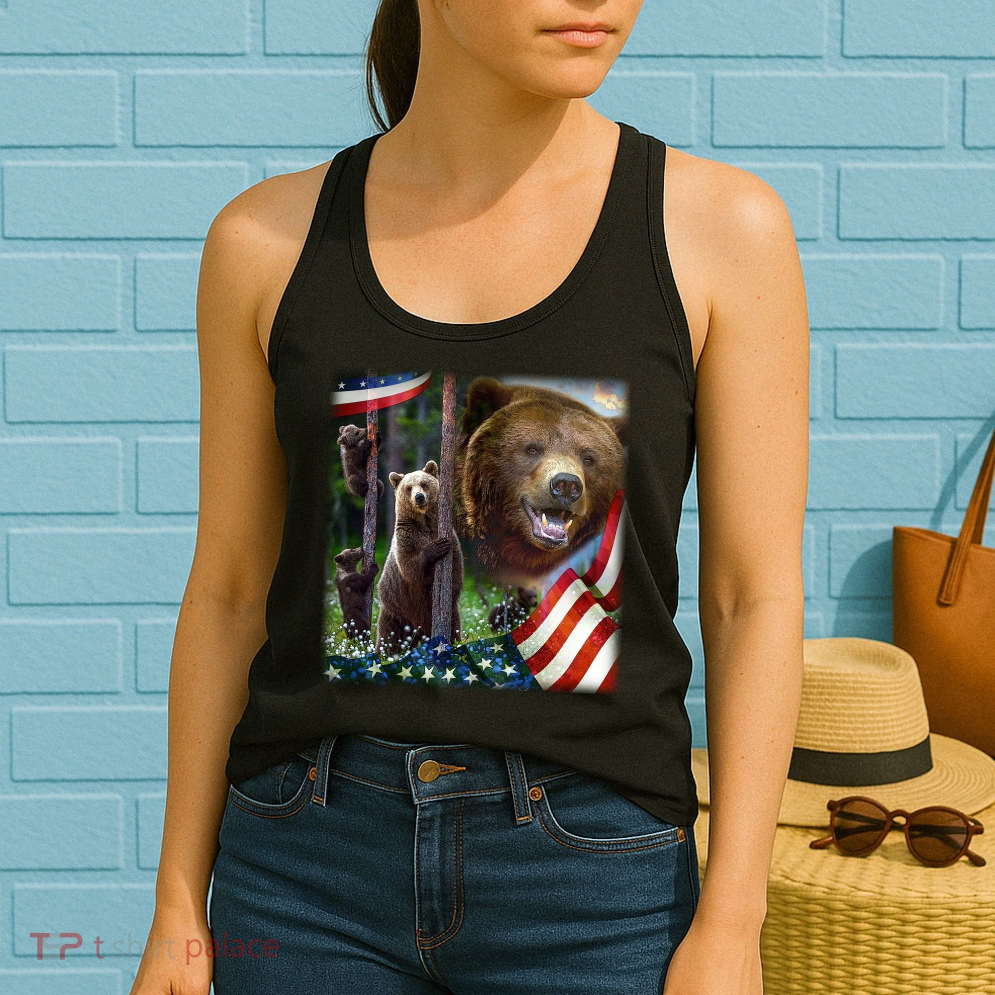 American Grizzly American Flag Bear Family Women's Tank Top