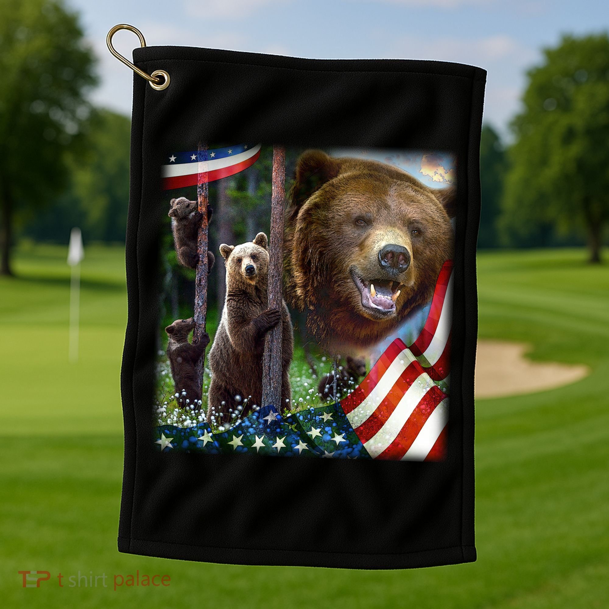 American Grizzly American Flag Bear Family Golf Towel