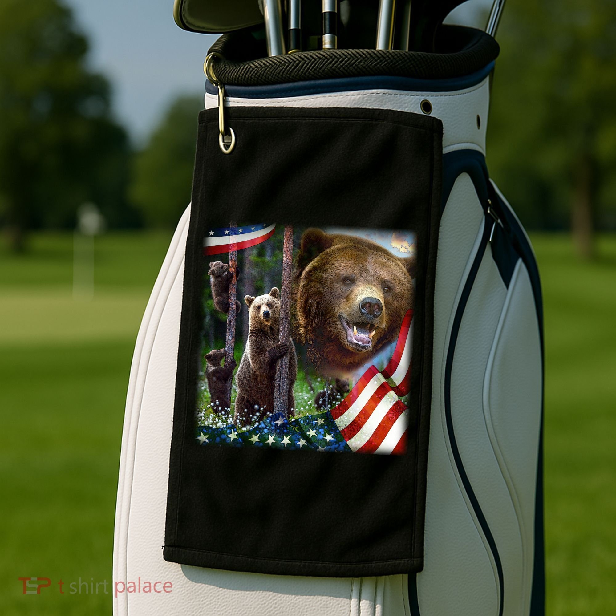 American Grizzly American Flag Bear Family Golf Towel