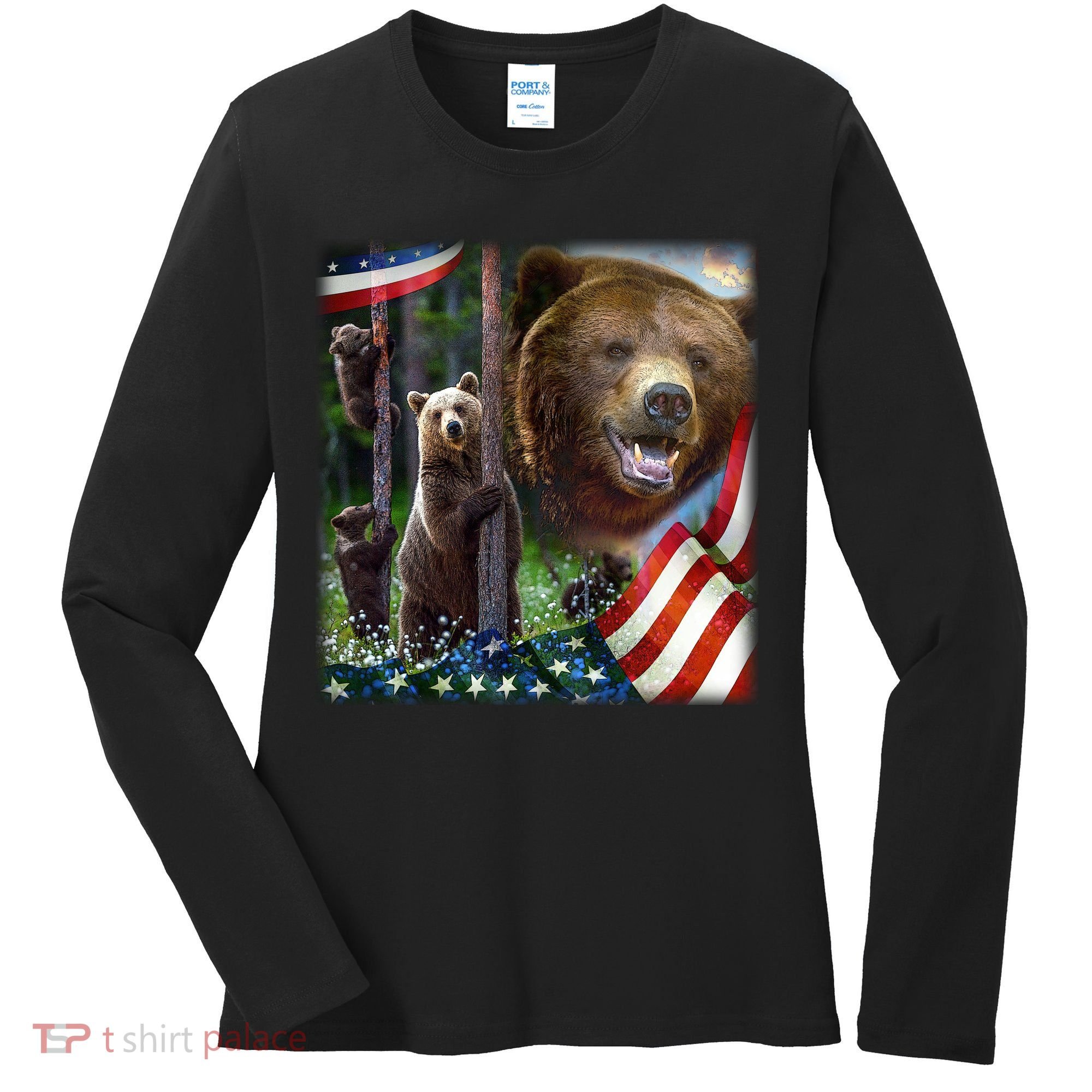 American Grizzly American Flag Bear Family Women's Long Sleeve Shirt