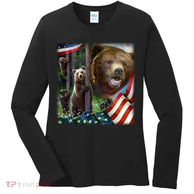 American Grizzly American Flag Bear Family Women's Long Sleeve Shirt