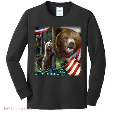 American Grizzly American Flag Bear Family Kids Long Sleeve Shirt