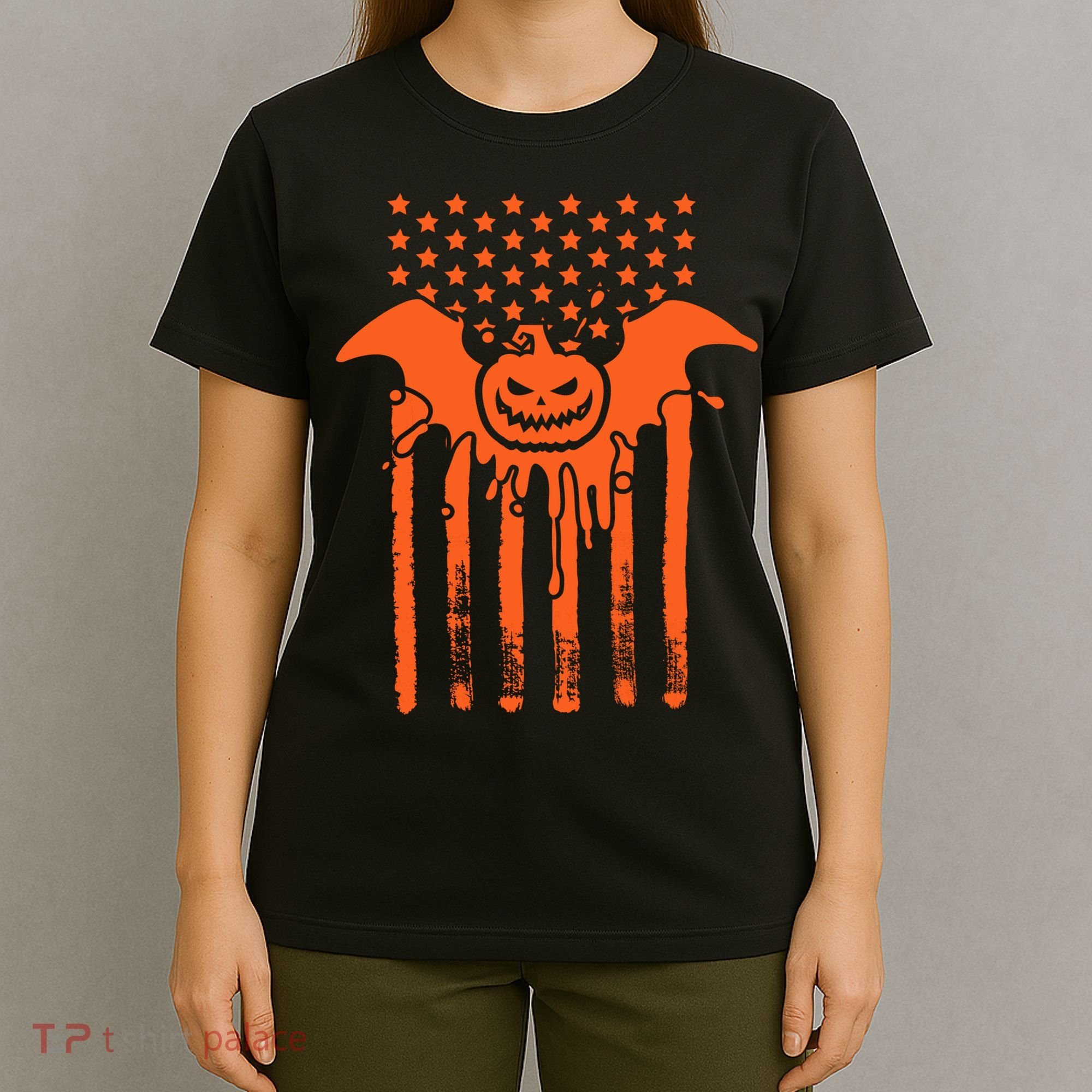 American Halloween Pumpkin Bat USA Flag T-Shirt