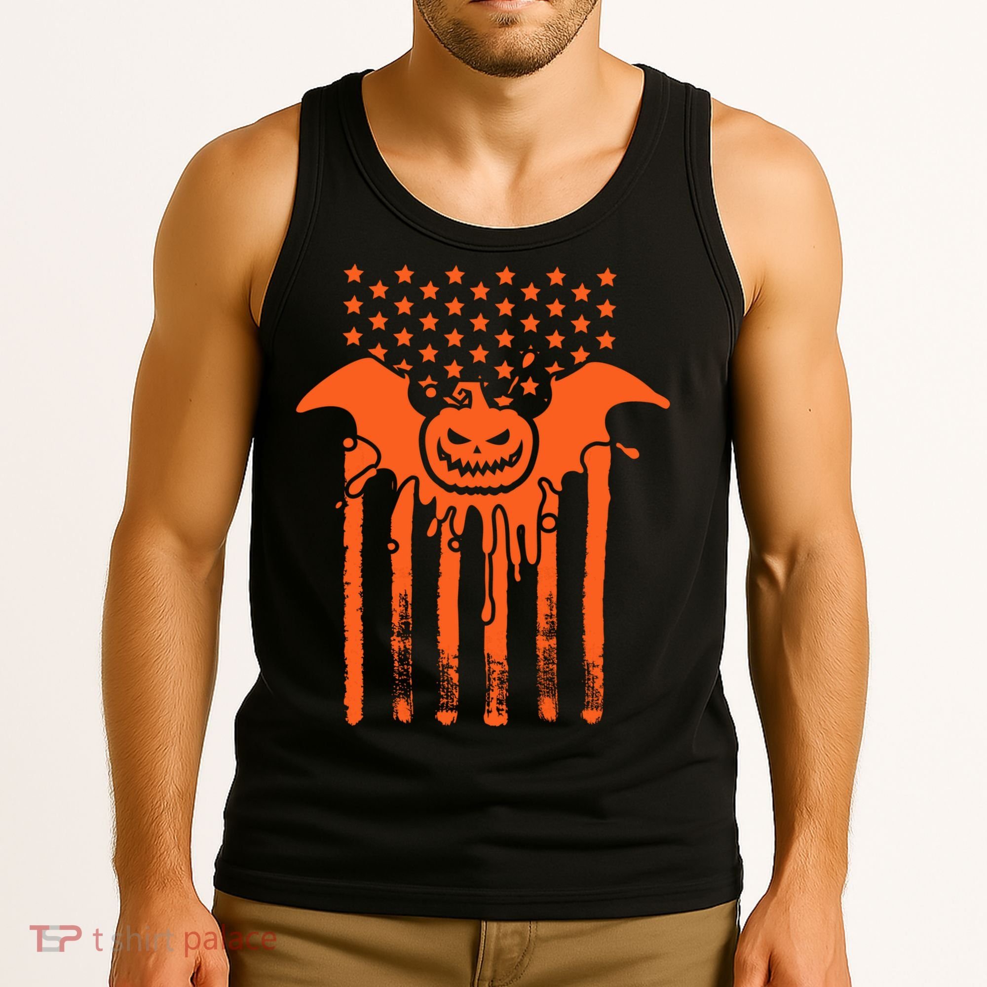 American Halloween Pumpkin Bat USA Flag Tank Top