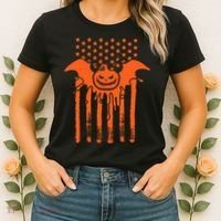 American Halloween Pumpkin Bat USA Flag Women's T-Shirt thumb 2