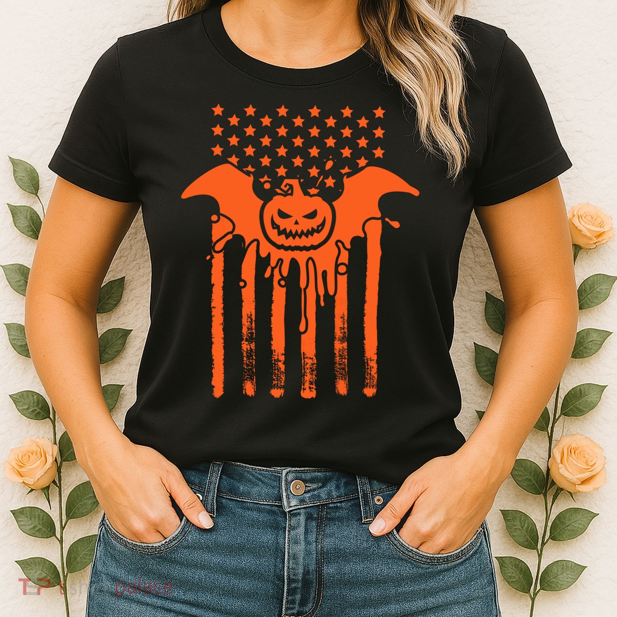 American Halloween Pumpkin Bat USA Flag Women's T-Shirt