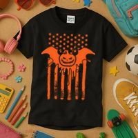 American Halloween Pumpkin Bat USA Flag Kids T-Shirt thumb 3