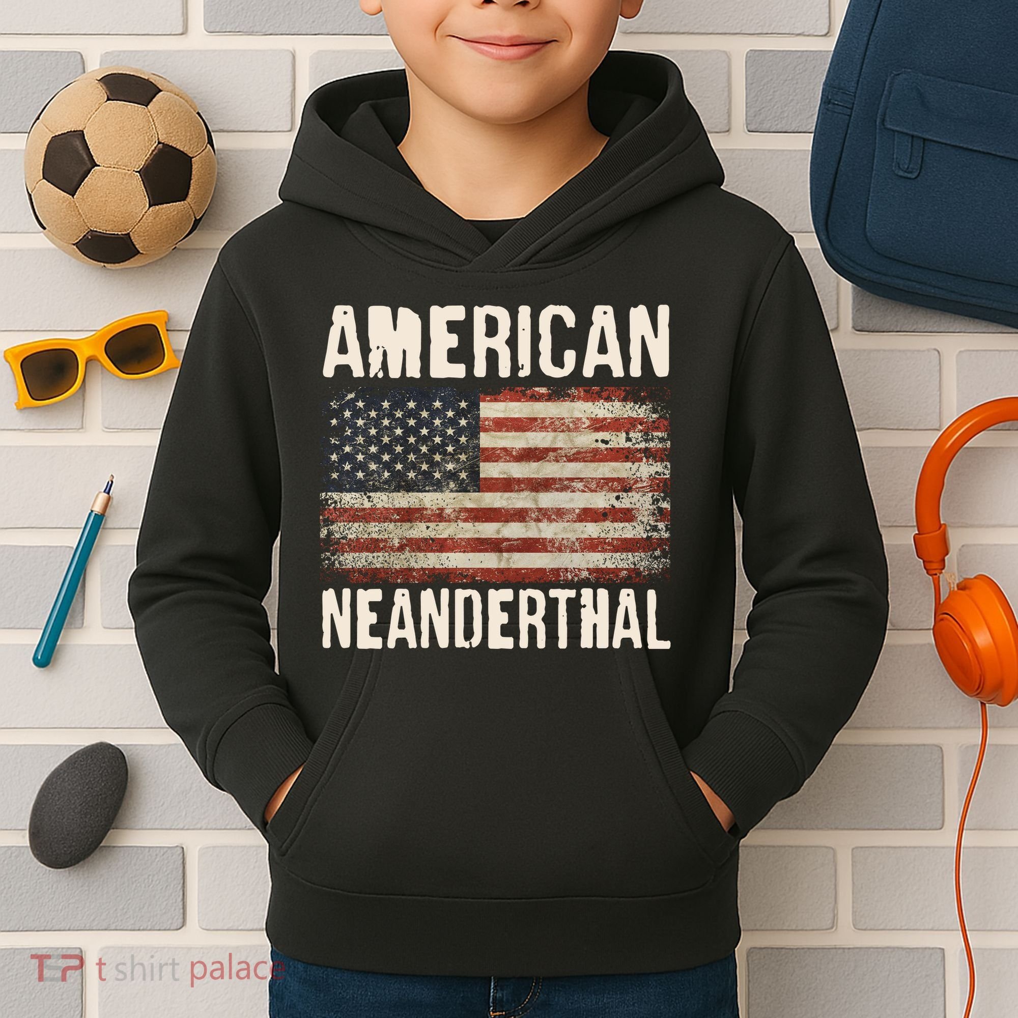 American Neanderthal Distressed US Flag Kids Hoodie