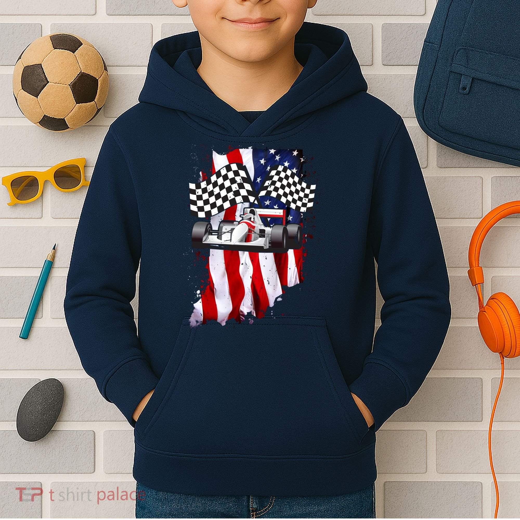 American Racing Car Flag Kids Hoodie