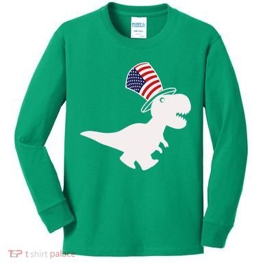 American T-Rex Dinosaur USA Flag Kids Long Sleeve Shirt