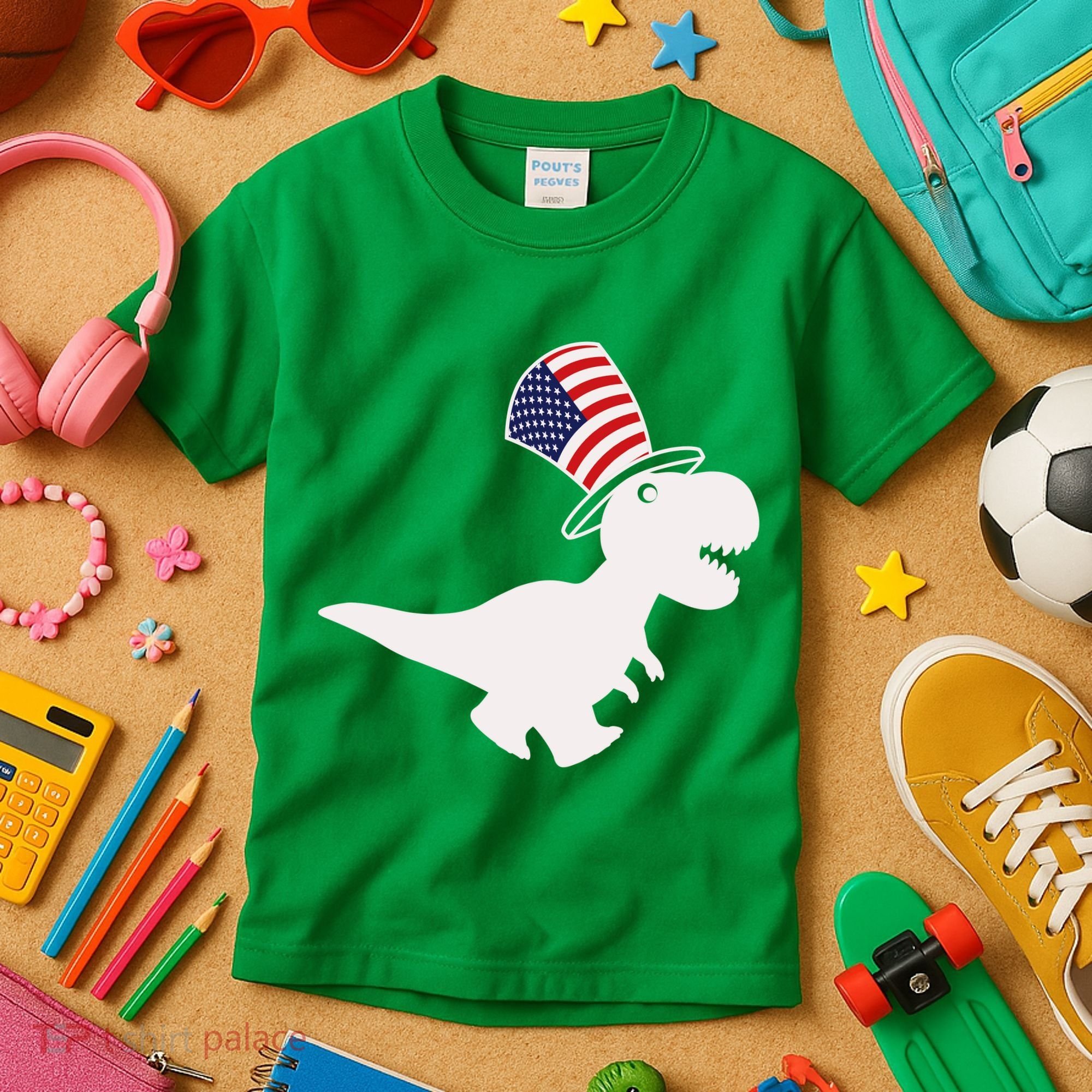 American T-Rex Dinosaur USA Flag Kids T-Shirt