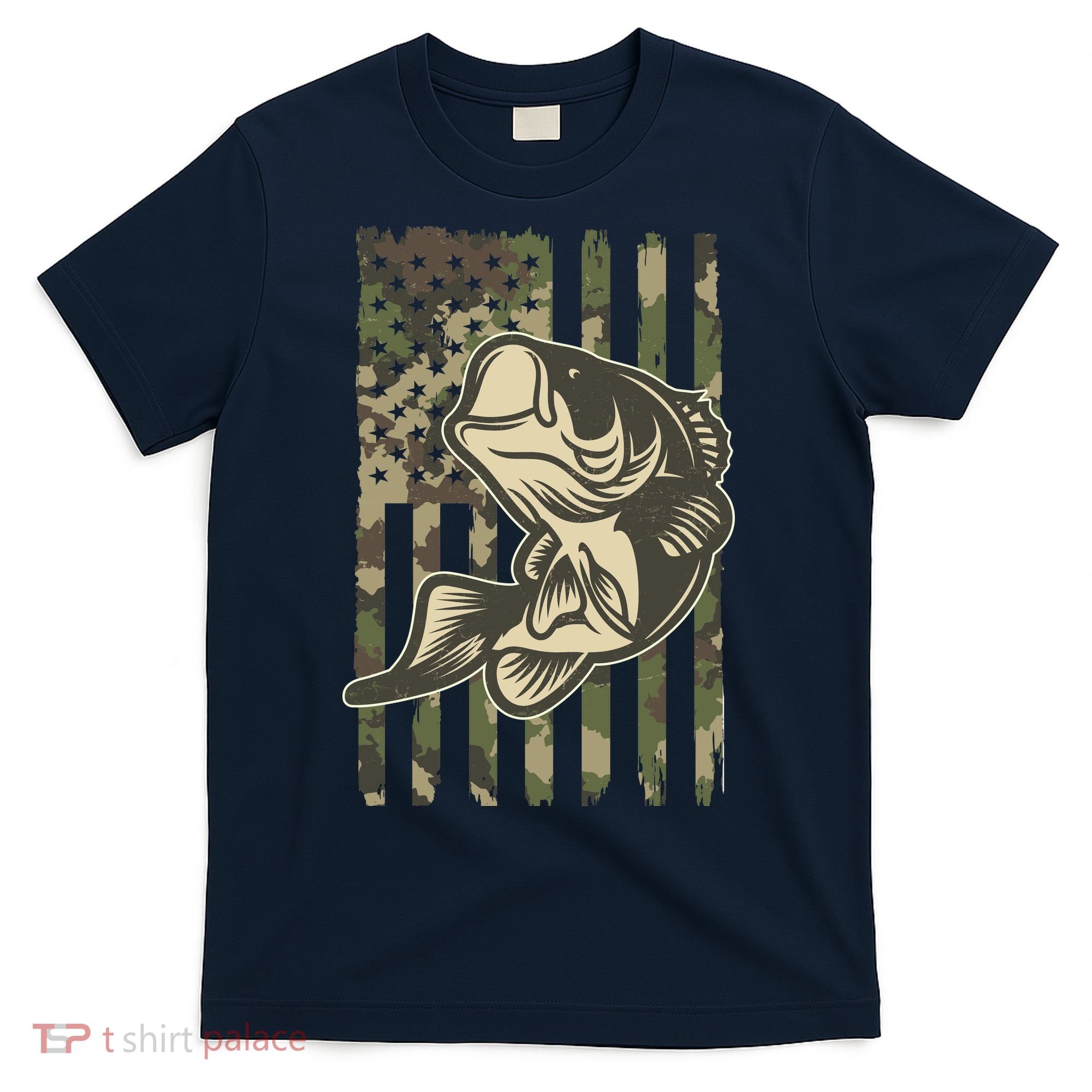 American US Camouflage Flag Bass Fishing T-Shirt