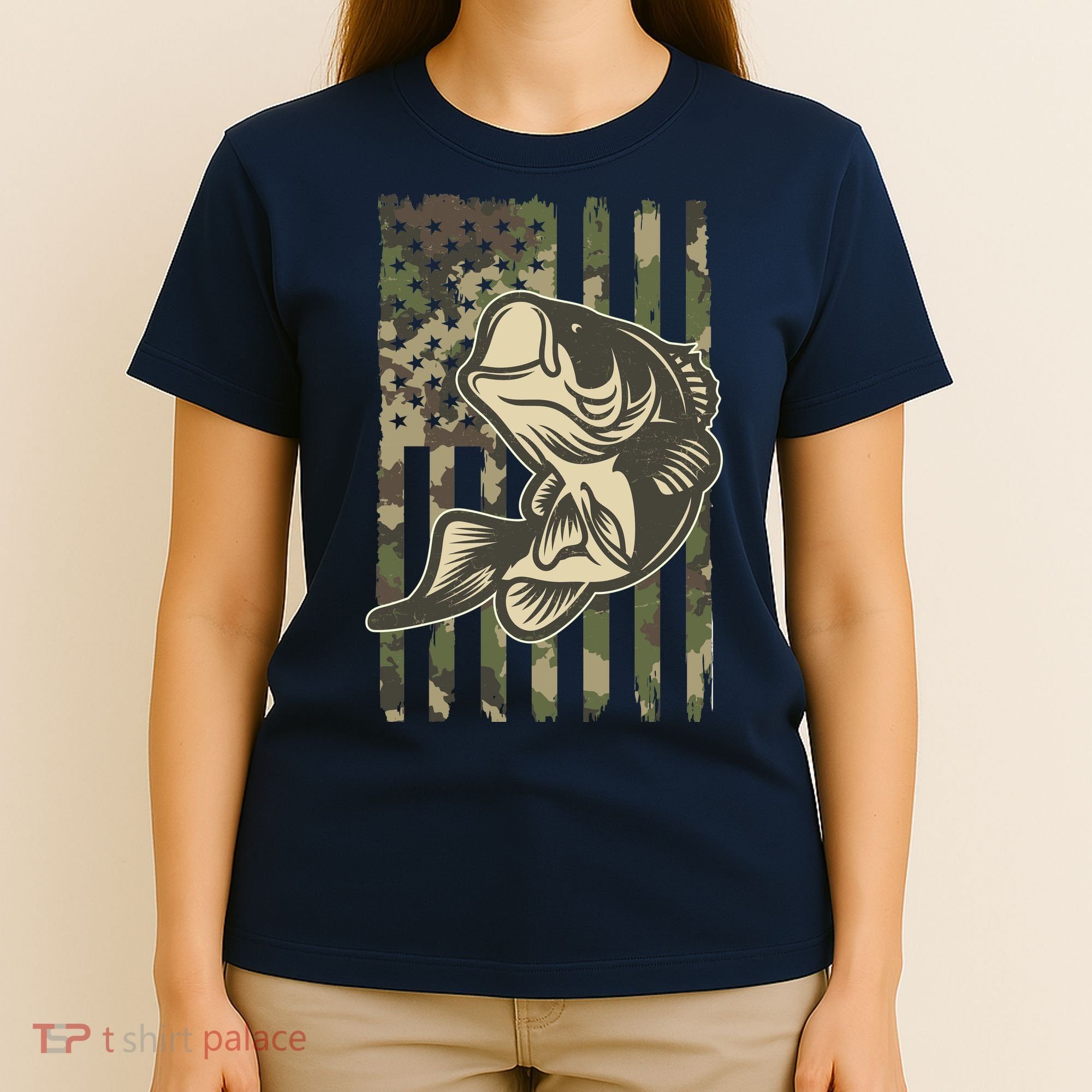 American US Camouflage Flag Bass Fishing T-Shirt