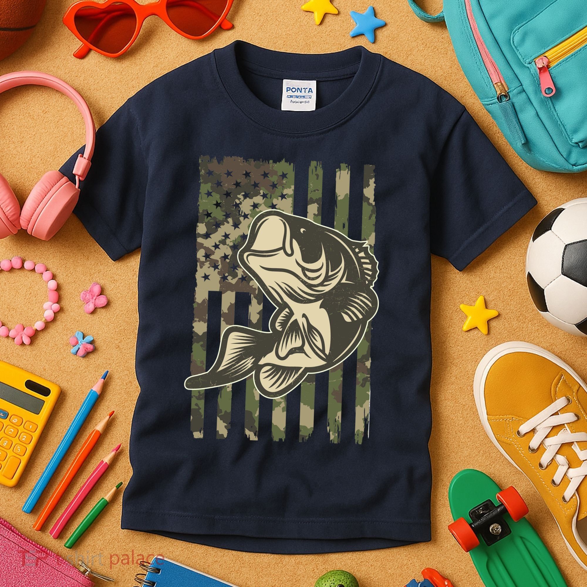 American US Camouflage Flag Bass Fishing Kids T-Shirt