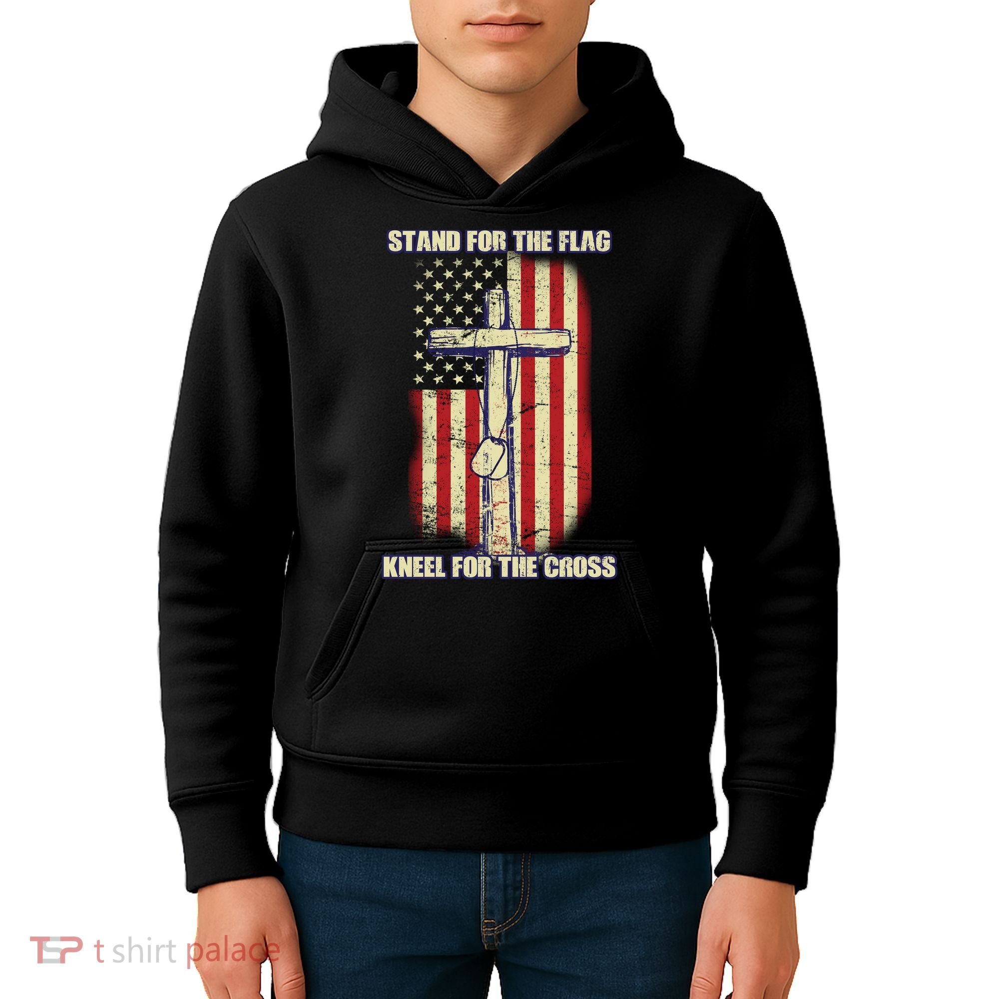 Americans Stand For The Flag Kneel For The Cross Kids Hoodie